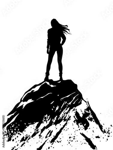 Silhouette Woman Standing Mountain Top Victory Strength Inspiration Vector
