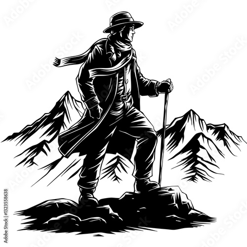 Adventurer Explorer Standing with Walking Stick in Mountain Landscape Illustration