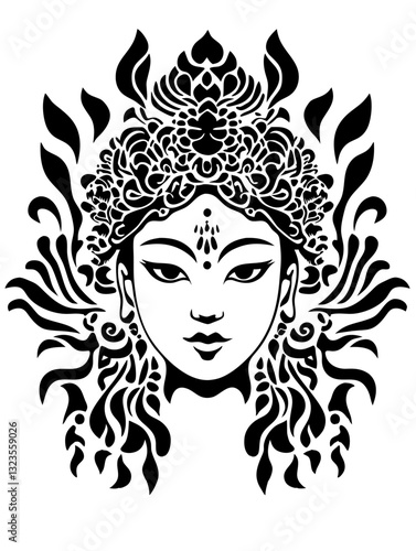Ornate Goddess Face Vector Intricate Design for Tattoo and Coloring Book Art