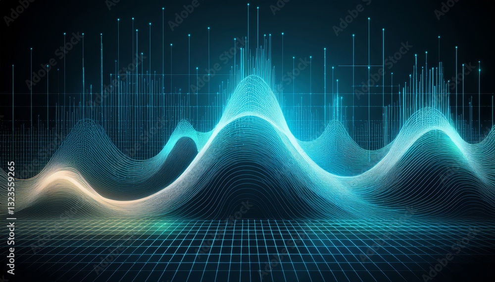 Naklejka premium fluctuating vibrant glowing digital waveforms on a black grid background