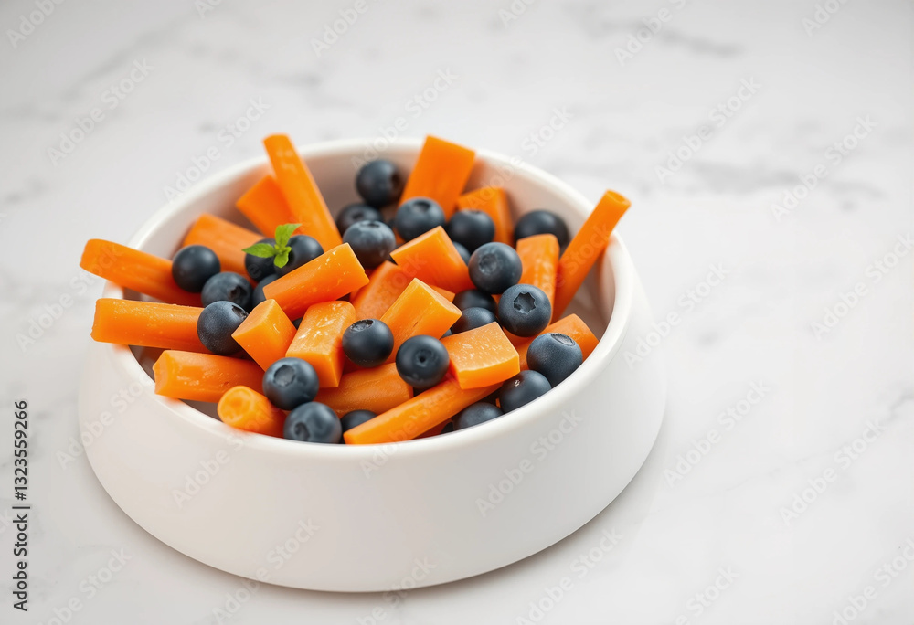 Bowl filled with orange carrots and blueberries, serving as a nutritious snack for a dog. This fresh treat offers a delicious blend of flavors to enjoy Bowl filled with orange carrots and blueberries, serving as a nutritious snack for a dog. This fresh treat offers a delicious blend of flavors to enjoy