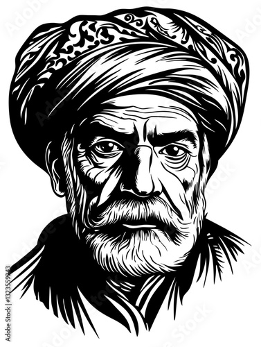 Intricate Vector Portrait of Wise Elderly Man in Traditional Turban Art Design