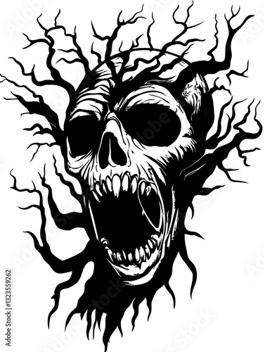 Screaming Skull with Tree Branches Horror Vector Art Design