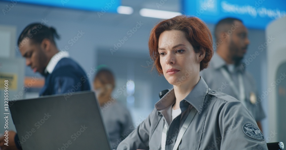 Airport Security Checkpoint: Close Up of Female TSA Officer Working on Laptop. Transportation Security Administration for Travel Safety. In Background, Airport Staff Conducting Screening Procedures. Airport Security Checkpoint: Close Up of Female TSA Officer Working on Laptop. Transportation Security Administration for Travel Safety. In Background, Airport Staff Conducting Screening Procedures.