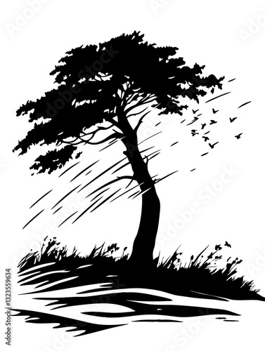 Silhouette of Windswept Tree with Flying Birds Vector for Inspirational Art and Design