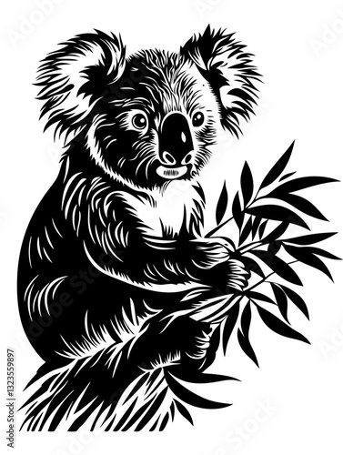 Intricate Koala Vector Art Holding Eucalyptus Leaves for Tattoo and Design Use