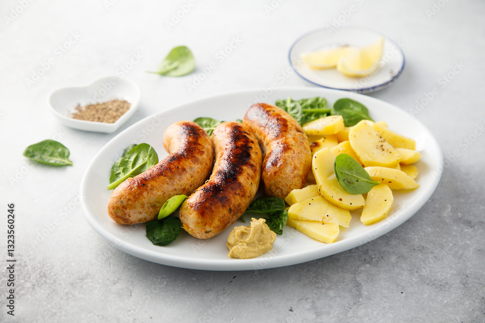 Homemade sausages served with potato salad Homemade sausages served with potato salad