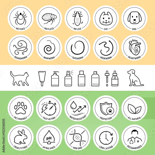 Set of vector icons focuses on cats parasites and worms. The icons are designed to be versatile, suitable for use in informational materials, veterinary goods, pet care, apps, and more. EPS10.