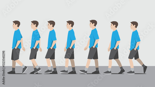 Animation of a man in blue shirt and short pants with one hand in pocket walking in side view showing the step cycle sequence