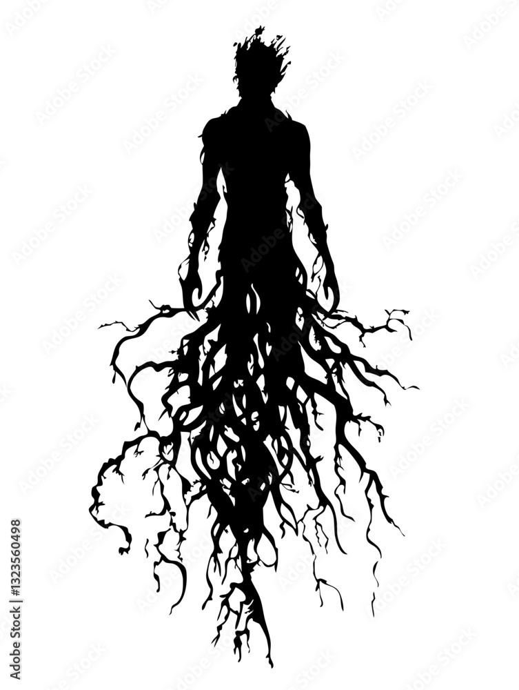Fototapeta premium Silhouette of Mysterious Human Figure with Entwined Roots