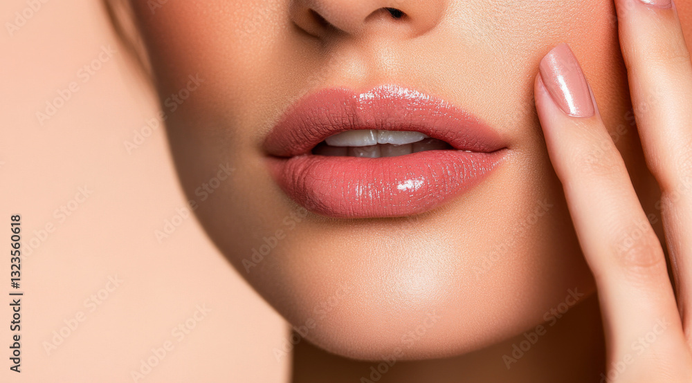 Obraz premium A woman's hand gently applies a glossy lip product, enhancing her natural beauty in soft lighting