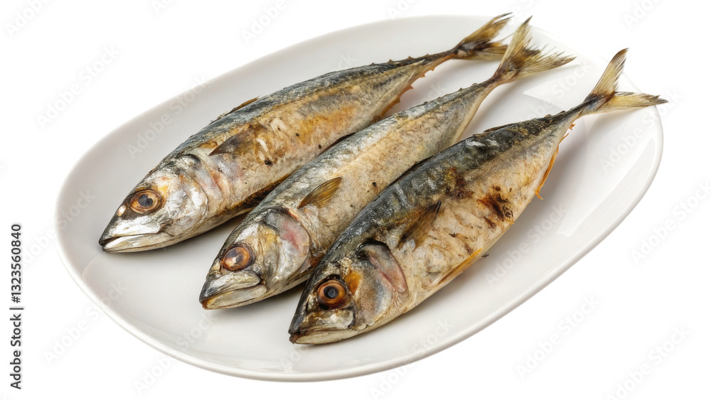 High-protein concept. Grilled fish served on a white plate against a dark background. High-protein concept. Grilled fish served on a white plate against a dark background.