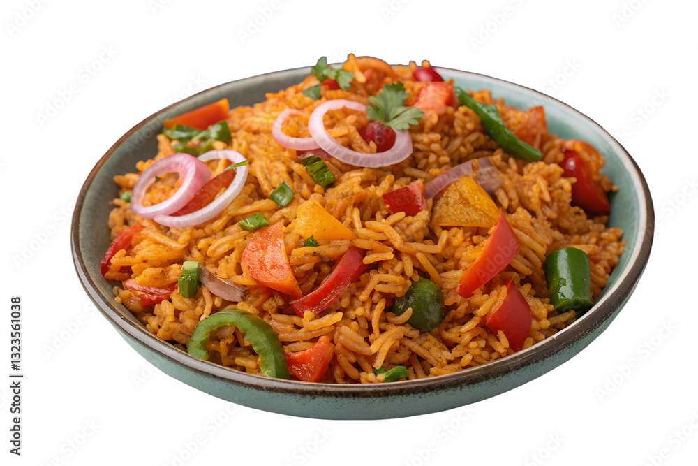 Jollof rice in a teal bowl isolated on transparent background Jollof rice in a teal bowl isolated on transparent background