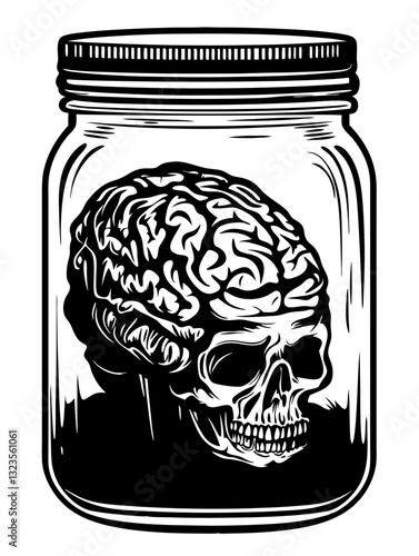 Skull Brain in Jar Vector Illustration for Tattoo Design and Halloween Decor