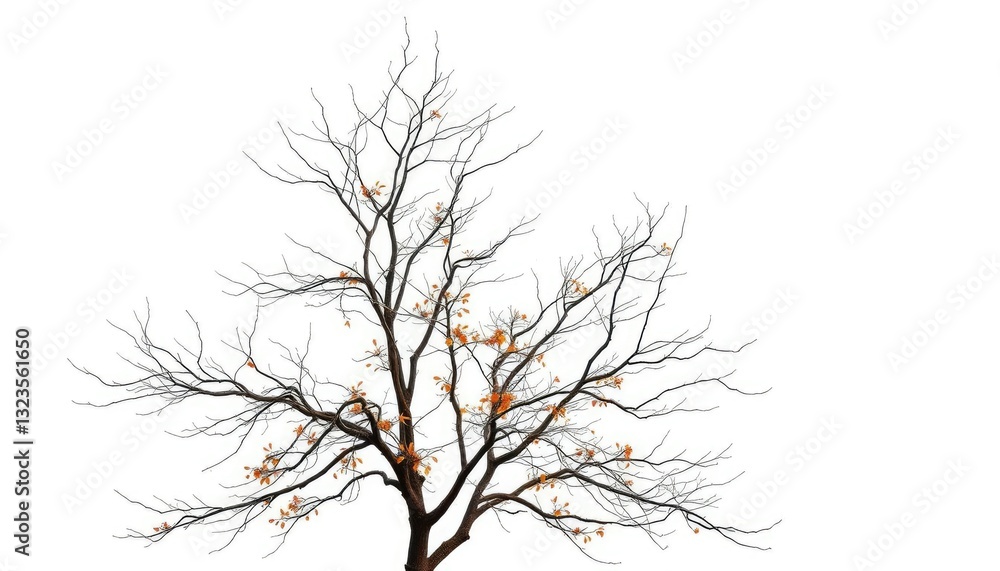 Single deciduous tree, stark branches against pure white, design element, brown Single deciduous tree, stark branches against pure white, design element, brown