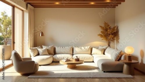 Serene Living Room Design with Neutral Tones and Natural Light Featuring a Sectional Sofa and Wooden Accents