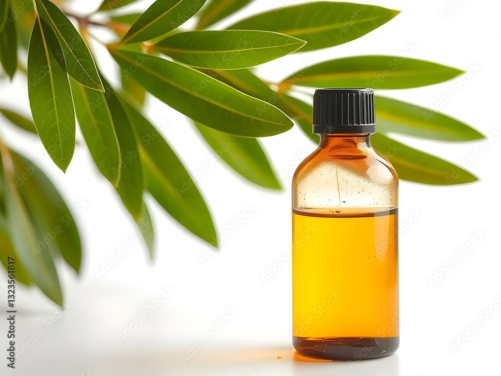 Tea Tree Oil in Amber Bottle with Fresh Green Tea Tree Leaves for Skincare, Natural Remedies. Tea Tree Oil in Amber Bottle with Fresh Green Tea Tree Leaves for Skincare, Natural Remedies.