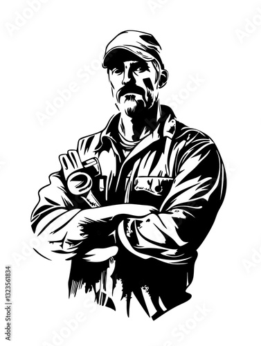 Grayscale Vector Portrait Male Worker with Hard Hat Tattoo or Branding Design