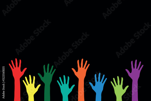  Colorful Raised Hands Vector on Black for Diverse Participation