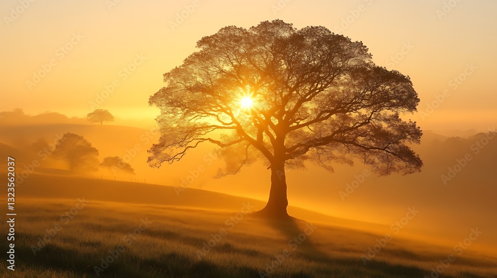Fototapeta premium Sunrise Illuminates Solitary Tree In Misty Field