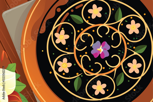 Gourmet food photography Close-up of an elegant fine dining plate featuring a sophisticated main course with intricate, artistic sauce designs.  One element is emphasized.