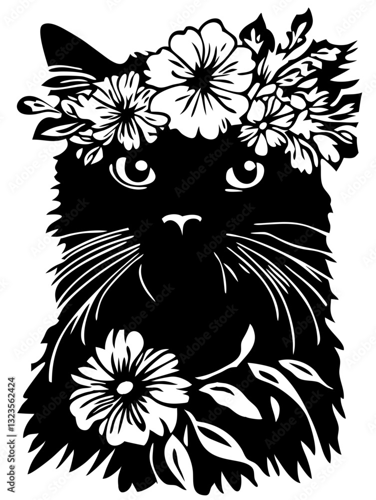Fototapeta premium Floral Cat Silhouette Illustration for Creative Art and Tattoo Design