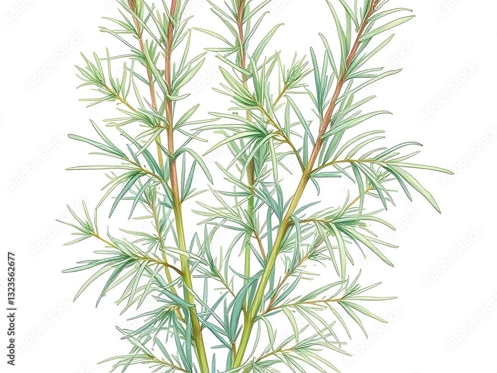Fototapeta premium Delicate Watercolor Illustration of a Green Bush with Thin Leaves, Isolated on White Background.