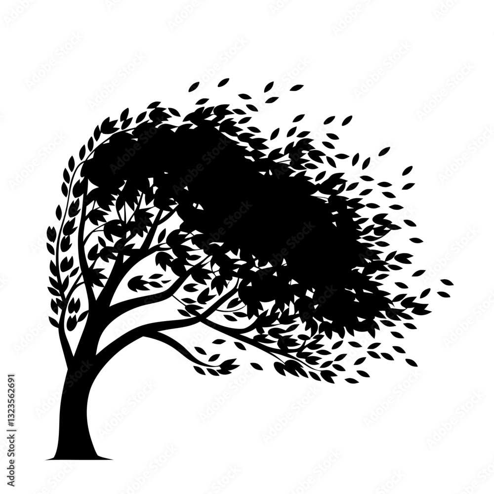 Obraz premium Silhouette of Windblown Tree with Falling Leaves Vector Illustration