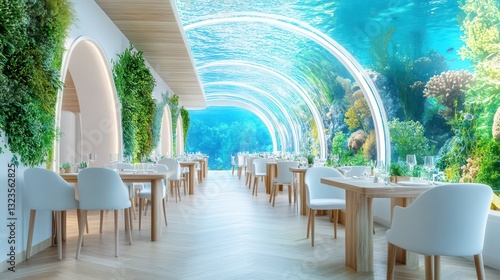 Fototapeta Naklejka Na Ścianę i Meble -  Aquatic Dining Experience: A unique restaurant with a stunning underwater theme, offering guests an immersive dining experience surrounded by aquatic life, coral reefs, and a transparent tunnel view.