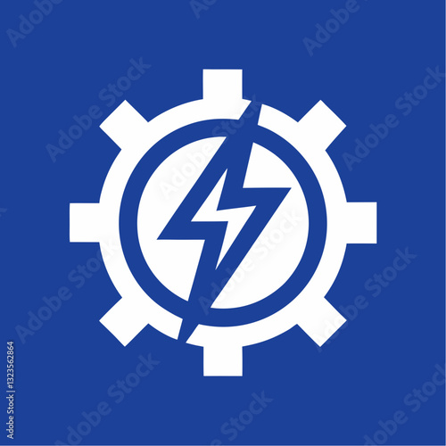 Vector Industrial Electricity Icon with Gear and Lightning Bolt on Blue Background for Engineering and Energy Systems