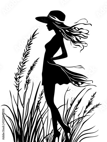 Silhouette of Woman in Hat with Flowing Dress in Wind Among Tall Grass Vector Art