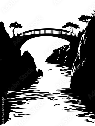 Scenic Bridge Over Water River Landscape Silhouette Vector Art