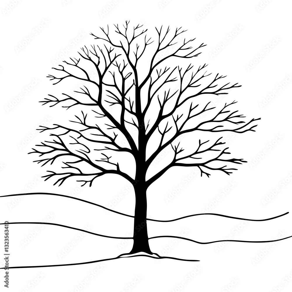 Obraz premium Leafless Tree Silhouette on Minimalist Landscape Winter Art Vector