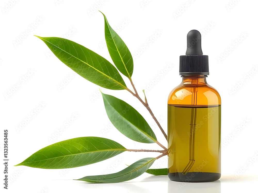Tea Tree Oil Bottle with Dropper & Fresh Green Leaves, Aromatherapy, Essential Oils, Natural Skincare Tea Tree Oil Bottle with Dropper & Fresh Green Leaves, Aromatherapy, Essential Oils, Natural Skincare