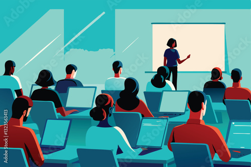 Flat illustration depicting a lively coding bootcamp session students collaborating, laptops open, instructor guiding.  Show diverse participants engaged in coding projects.