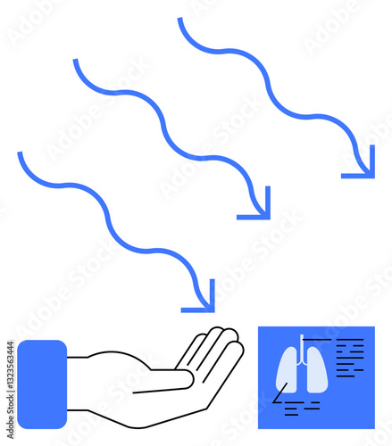 Curved arrows indicating airflow toward an open hand alongside a lung X-ray panel. Ideal for health care, respiratory health, air quality, lung function analysis, medicine, environmental impact