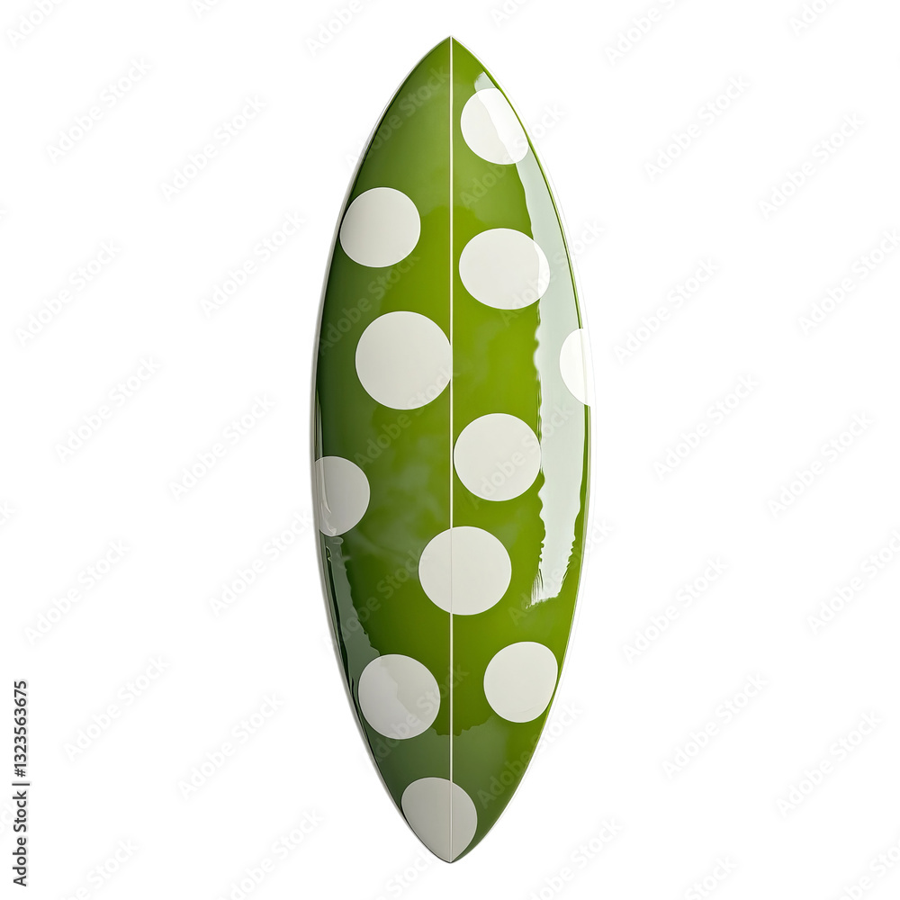 Png of A vibrant green surfboard with large white polka dots, showcasing a playful and stylish design on transparent background. Png of A vibrant green surfboard with large white polka dots, showcasing a playful and stylish design on transparent background.