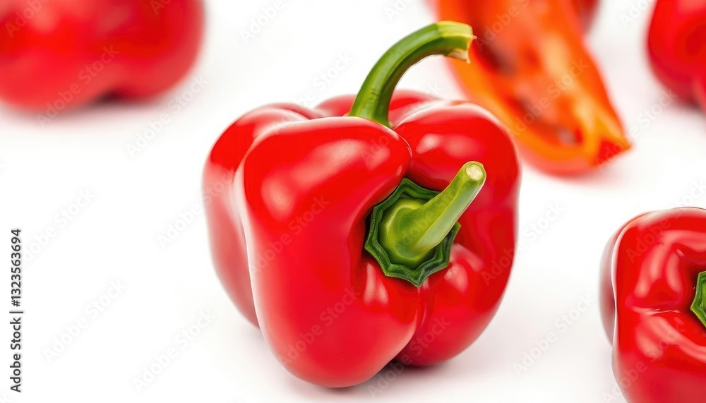 Single vibrant red bell pepper, glossy skin, isolated on pure white, vegetable photography, still life Single vibrant red bell pepper, glossy skin, isolated on pure white, vegetable photography, still life