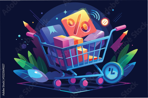 Shopping cart filled with colorful items and discount symbols in a vibrant, modern design showcasing online shopping trends