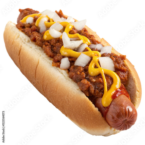 Chili Cheese Hot Dog with Sesame Bun Isolated on Transparent Background