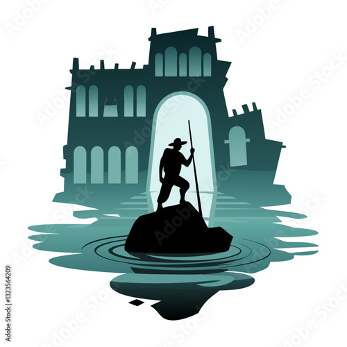 Adventurer Silhouette Exploring Ruined Castle Reflected in Water Vector Art