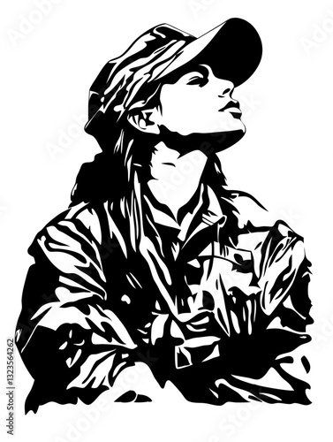 Vector Illustration Confident Woman in Military Outfit