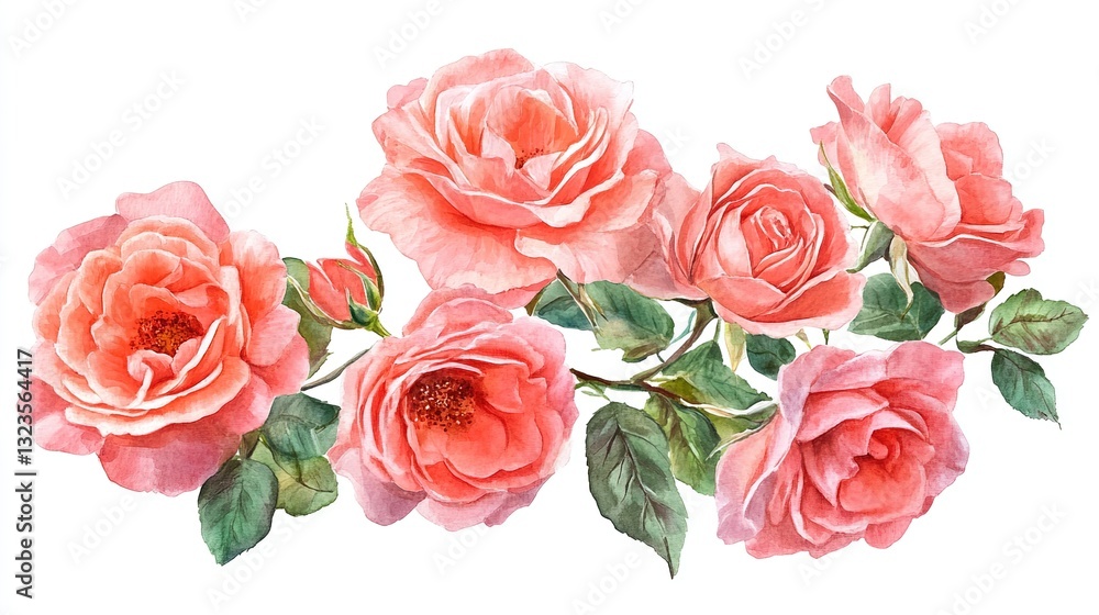 Fototapeta premium Watercolor Pink Roses and Green Leaves Arrangement on White Background