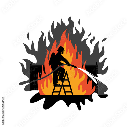 Firefighter Extinguishing Blaze Silhouette on Ladder with Flames Vector Illustration
