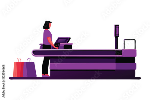 Create a flat vector illustration of a bustling supermarket checkout area, showcasing customers, cashiers, and shopping bags.  Include realistic details like conveyor belts and scanners.