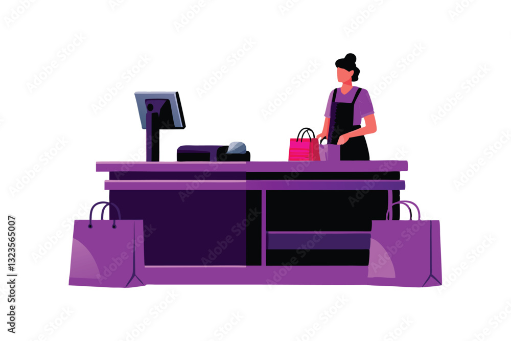 Create a vibrant flat vector illustration of a bustling supermarket checkout area, showcasing multiple cashiers, customers, and shopping carts. Include detailed product displays. Create a vibrant flat vector illustration of a bustling supermarket checkout area, showcasing multiple cashiers, customers, and shopping carts. Include detailed product displays.