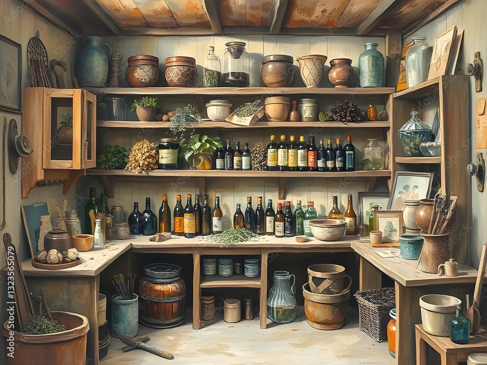 Fototapeta premium Vintage Pantry Storage Shelves with Jars, Bottles, and Dried Herbs, Rustic Interior, Food Preservation.