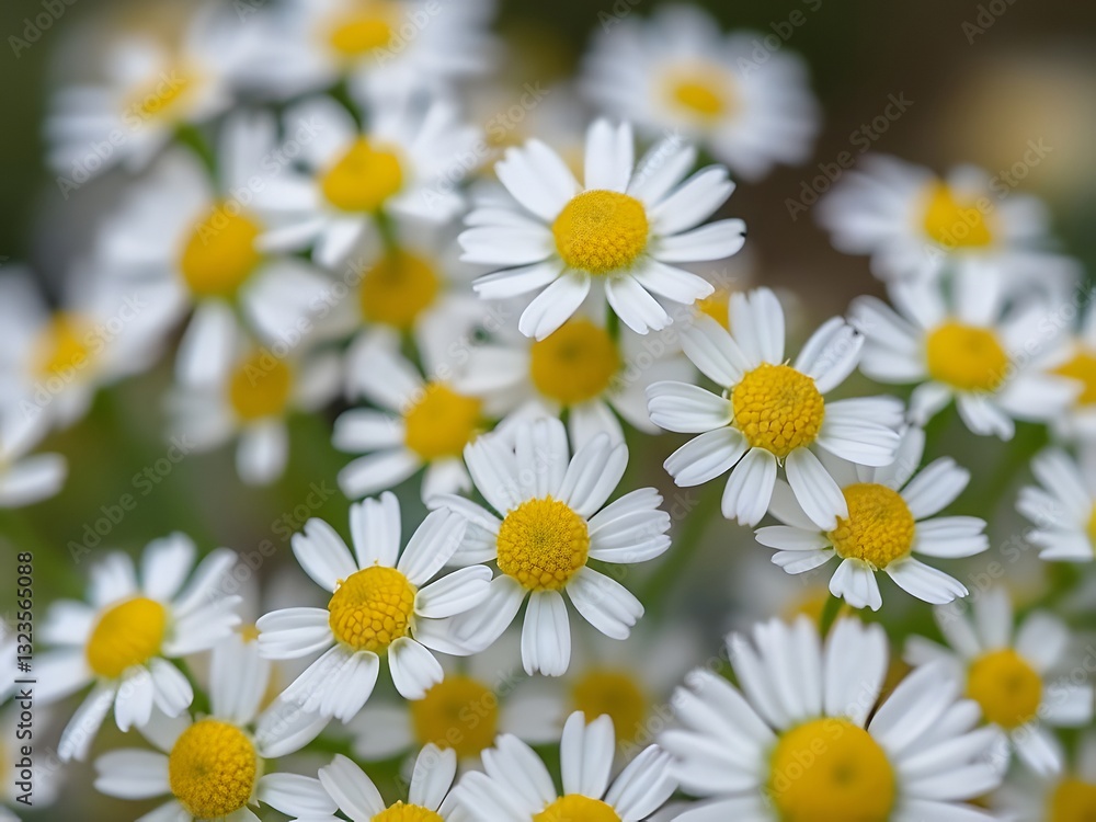 Obraz premium Close-up of White and Yellow Chamomile Flowers in Bloom, Nature's Beauty, Botanical Photography.