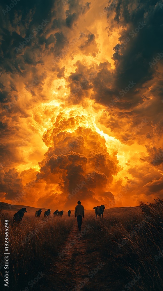 Fototapeta premium Fierce wolves glowing in sunset flames high resolution photo