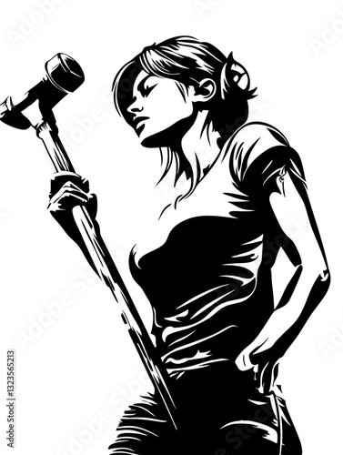 Powerful Woman Holding Sledgehammer Vector Art for Poster or Tattoo Design